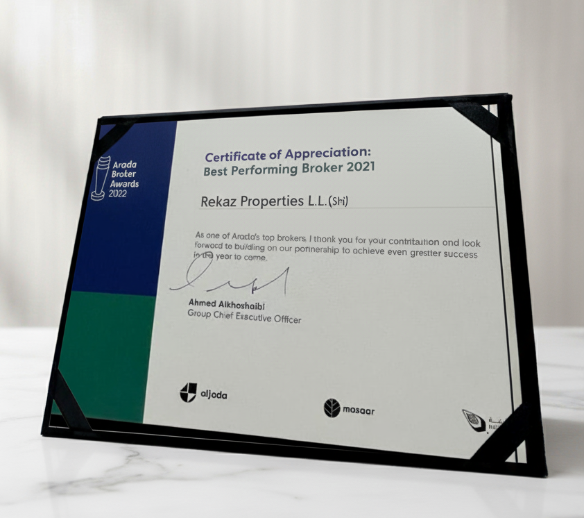 BEST PERFORMING BROKER - CERTIFICATE OF APPRECIATION - ARADA